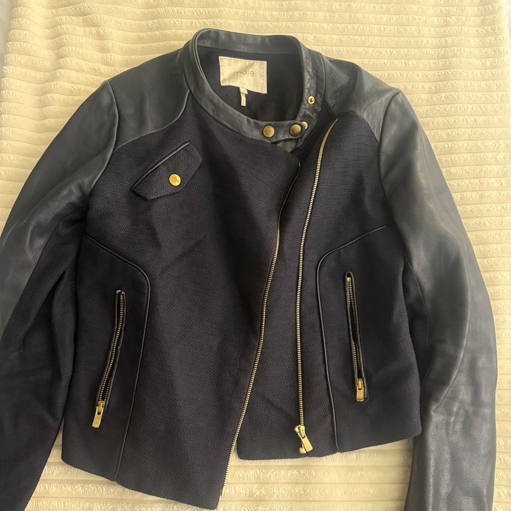 Maje Dark Blue Leather-Accented Jacket